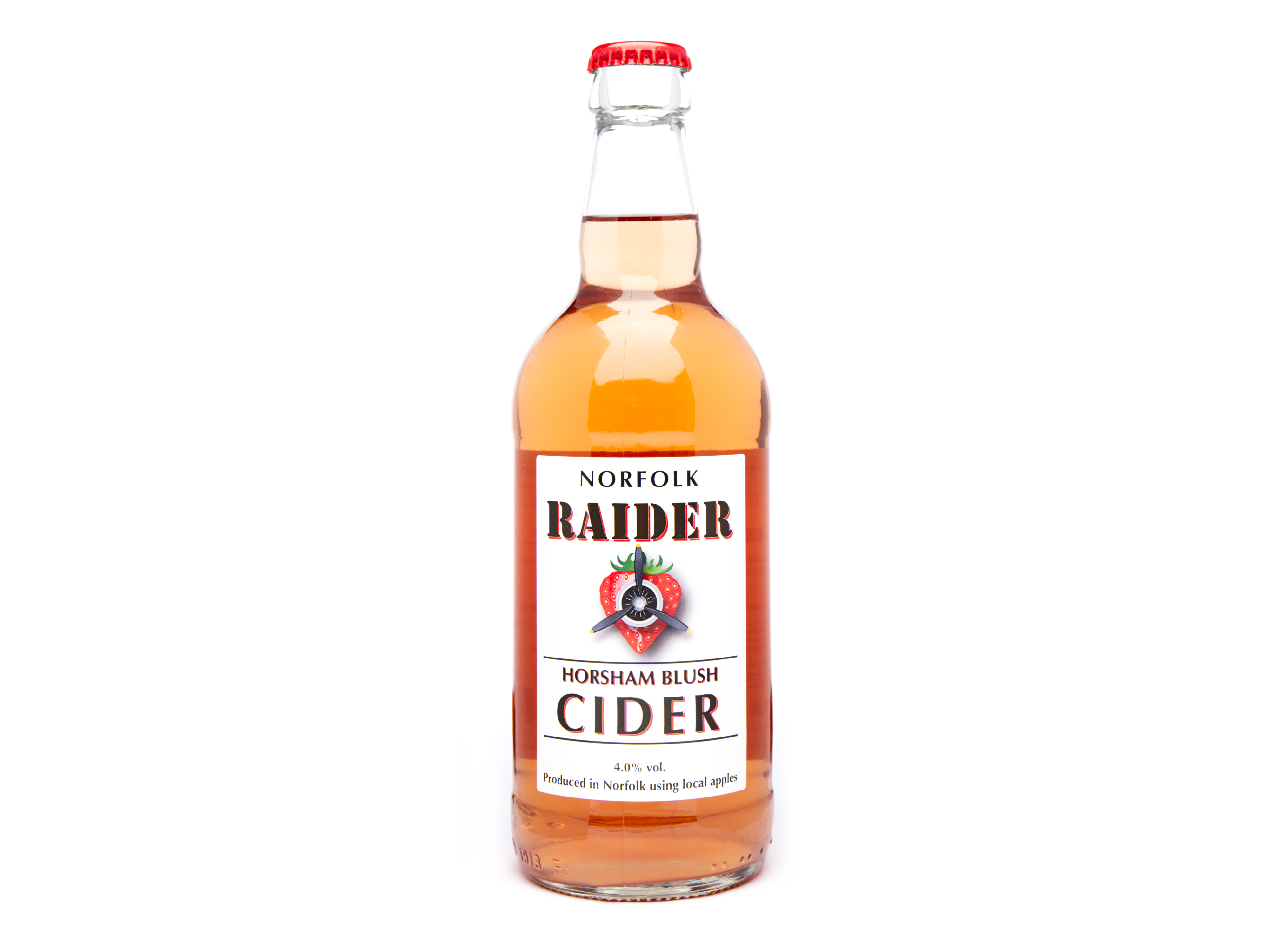 Studio product photo of a Raider cider bottle on a clean white background